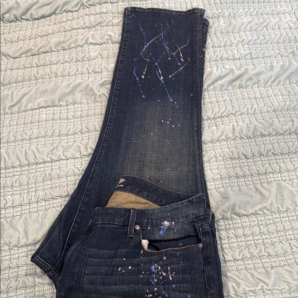 Seven7 Women's Flare Jeans - Dark Blue with Paint Splatter